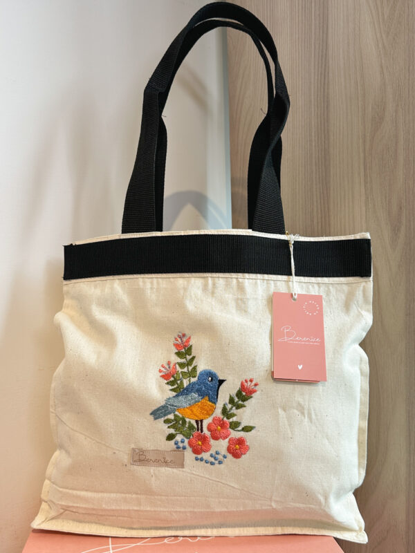 Tote Bag Pajarito Bordado con correa negra